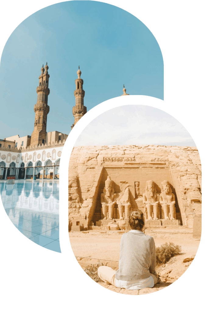 Two images with one overlapping.  Overlapping image shows a girls sitting in front of ruins, image behind is a temple courtyard